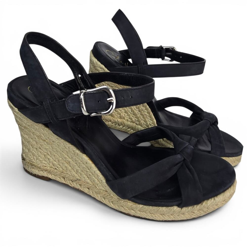 Cole Haan Air Espadrille Wedge Black Strappy Knot Nubuck Leather Size 9B Comfort